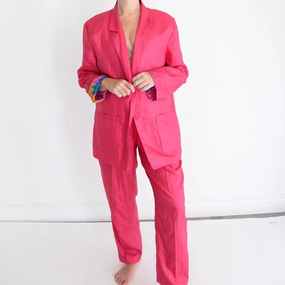 Vintage TanJay 80's Neon Pink Floral Lined  Button Up Two Piece Tracksuit M - Picture 1 of 15
